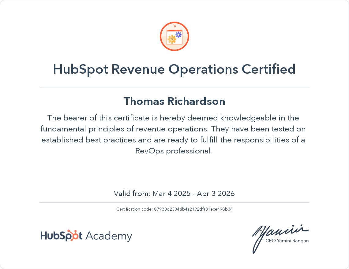 Revenue Operations Certificate Hubspot 3.4.25